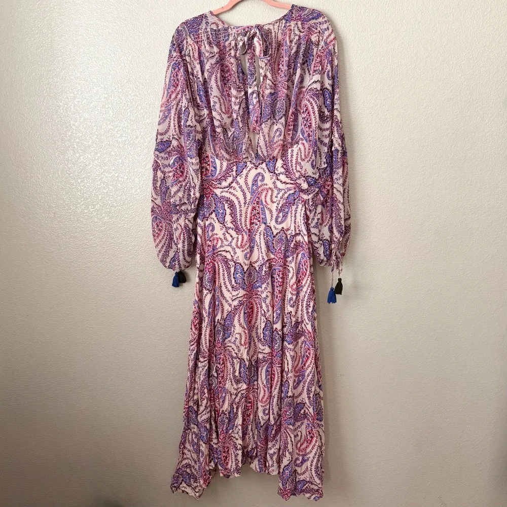 Free People Dress Size 4 Pink Purple Mirage Paisley Maxi Boho Tassel Empire